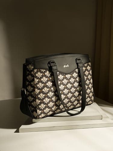ZOUK Bidri Kaiser Motif Printed Jute Vegan Leather Black and White Women's Office Work Bag With Double Handles Strap 3