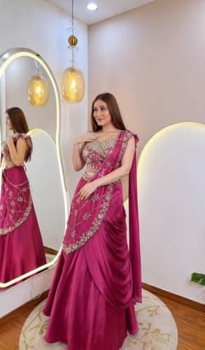 CLASSY FASHION HUB Women's And GirlsCrep silk, with sequin embroidery and tassels at the front Fully Stiched Dhoti Choli Crep Silk Shrug Sequins Tassels With Dupatta indo western Pink 3