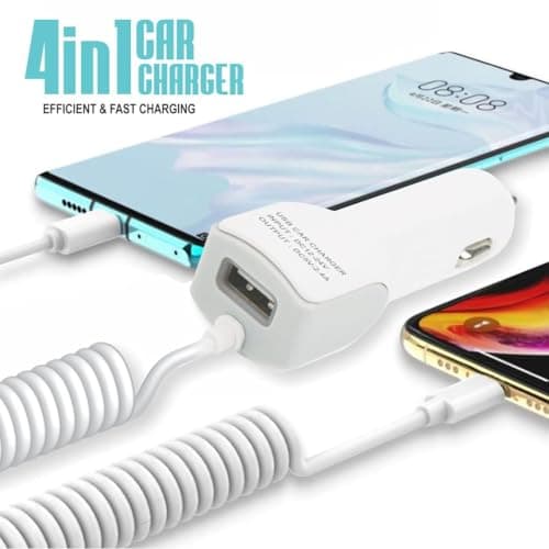NAYRA 4-in-1 Fast Car Charger, 3.4A High-Speed Charging, Universal Compatibility, Built-in Coiled Cable + 4 Charging Cables (Type-C, Lightning, Micro,Micro USB) 2