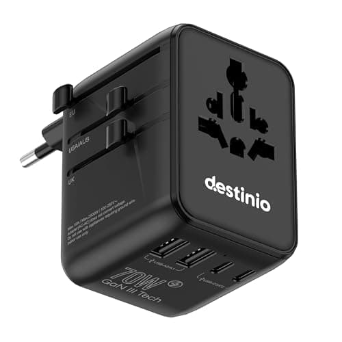 Destinio Universal Charger Adapter 70W - GaN Fast Charging Adapter for Laptop/MacBook with 3 Type C & 2 USB Ports, Compact Travel Adapter, All in One International Adapter for US, UK, Europe,Canada