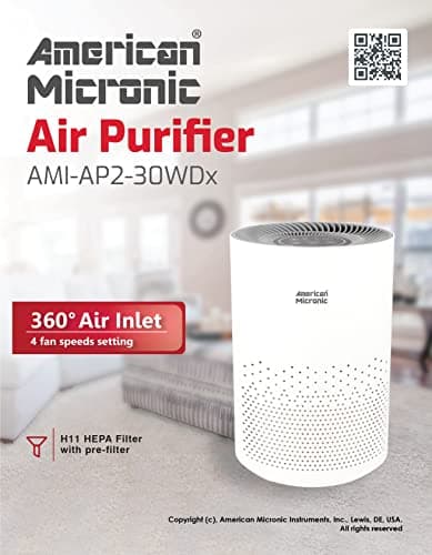 AMERICAN MICRONIC® Portable Air Purifier with HEPA & Activated Carbon Filter | 275 m³/hr CADR | Removes 99.97% Pollutants, Allergens, Smoke & Odours | Timer & LED Display | Ivory & Grey 5