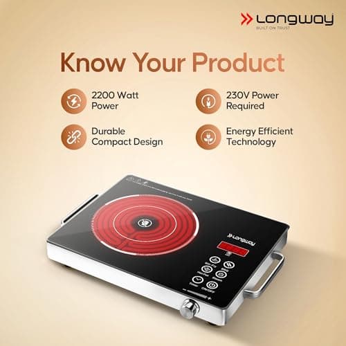 Longway Infralite Pro 2200W Infrared Induction Cooktop with Steel Grill Rack, Crystal Glass Top, Touch Panel & Digital Display, 4 Preset Modes – Stir Fry, BBQ, Hot Pot & Steam, Black 3
