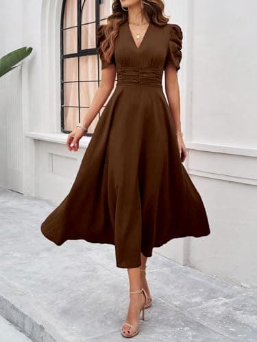 Shasmi Girl's & Women's Brown Solid Color V-Neck A-Line Maxi Dress for Women | New Year Party Outfit | Waist Cinched Puff Sleeve Western Dress | Elegant Casual Wear (Dress 246 Brown-M) 4
