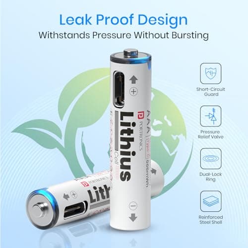Portronics AAA Lithius Type C Rechargeable Batteries, Pack of 2, Lithium Ion Cell Composition, Upto 440mAh Capacity, Low Self Discharge, No Separate Charger Required (White) 3