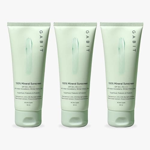 Gabit 100% Mineral Sunscreen SPF 50 PA++++ | Water & Sweat Resistant, UVA/B & Blue Light Protection | No White Cast | Vit E, Gooseberry, Winter Cherry | Normal, Oily, Dry Skin Types | Oil free | 50ml 
