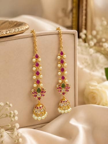 Dvina Glow Premium South Indian Lotus Mattal Jhumka Earrings | Ruby Green Kemp Stone Temple Jewellery | Long Pearl Hanging Bridal Earrings for Women 5