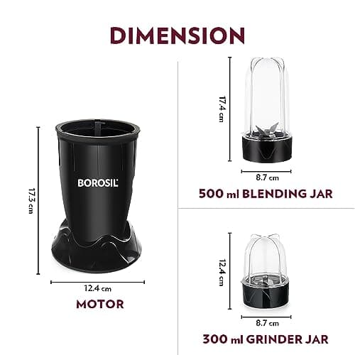 Borosil 400W Nutrifresh Black Blender | 2 Jars (500ml Direct Drink/Smoothie Jar + 300ml Chutney Jar) | Made in India Blender | Stainless Steel Blade, Compact Design | 2 Year Warranty 3