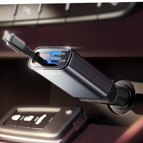 LISEN Car Charger, Cigarette Lighter Socket, USB-C PD30W, Retractable Charging Cable, Total 57 W, 3 in 1 Connector Socket, USB Rapid Charging, Car Charger, Type C, Car Accessories, Official Car Goods