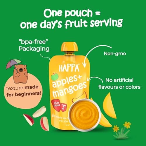 Happa Organic Baby Food Puree Travel Combo | 100% Fruits and Vegetables | No Added Sugar, No Milk Powder, No Preservatives | Stage 2 (6 Months+) | Ready to Eat | Free from Common Allergens | Pack of 4 4
