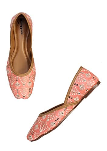 CatBird Women's Pastel Red Sequin Emboidery Punjabi Juttis 8 UK 4
