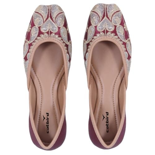 CatBird Women Embroidered Ethnic Jutti Slip-On Traditional Punjabi Mojari Flat Comfortable Festive & Wedding Footwear|8UK