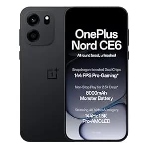 OnePlus Nord CE6 | 8GB+256GB | Pitch Black | Snapdragon 7s Gen 4 | Segment's Fastest Touch Response | 8000mAh Battery | 144Hz 1.5K AMOLED Display | 50MP Main + 32MP Selfie 4K Cameras | IP66,68,69,69K