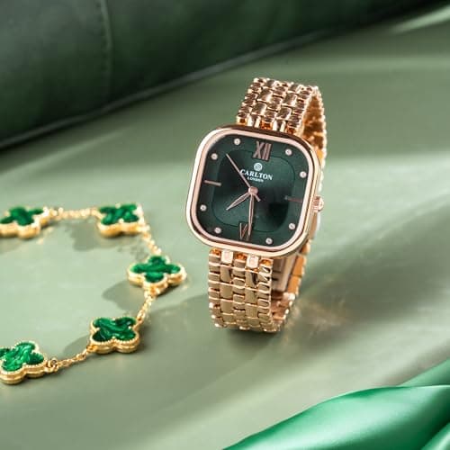 Carlton London Women Green Dial Watch and Bracelet | Stainless Steel, Premium, Stylish Analog Wrist Watch with Golden Strap & Bracelet Set, Elegant Quartz Timepiece | Water Resistant | Luxury Square W 2