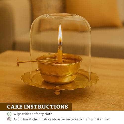 Amazon Brand Solimo - Brass Akhand Jyot Diya with Adjustable Wick Knob & Glass Cover | Large Size – 13.5 x 13.5 x 13.5 cm | Handcrafted Oil Lamp for Home & Pooja Room 4