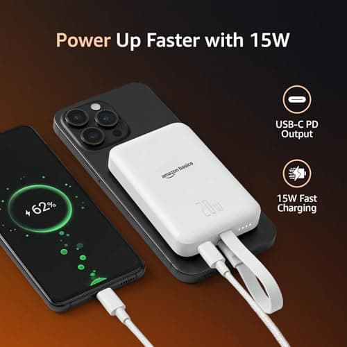 Amazon Basics 10000mAh Magnetic Wireless Power Bank | 15W Wireless Charging & 22.5W PD Output | Built-in Lightning Cable | LED Battery Indicator | White 3