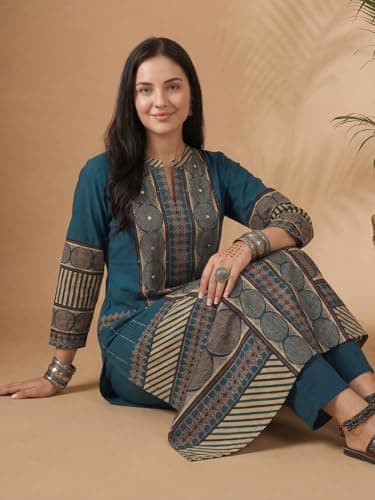 INDO ERA Women's Red Cotton Blend Solid Solid Straight Fusion Kurta & Pant with Dupatta Set 2