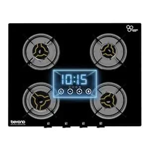 Beyond Appliances Auriga 4 Burner Smart Glass Gas Stove | Auto Ignition | Digital Timer | Flame Failure Device | Toughened Glass | ISI Certified | LPG & PNG Compatible Cooktop | PAN India Service