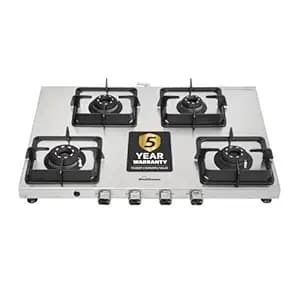 Sunflame Ultra-Slim Stainless Steel 4 Burner Gas Stove 72 cm Wide | Forged Brass Burners | 5-Year Coverage on Burners | SS Body & Valve by Sunflame | Auto Ignition | Pan Support with Flame Guard