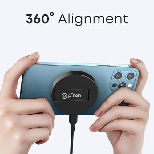 pTron Dynamo Ring V2 15W Magnetic Wireless Charger, Compatible with iPhone 15/14/13/12 Series, Samsung & Other Qi2 Enabled Devices, Compact & Sleek, 3A Type-C to Type-C 1m Cable Included (Ink Black) 3