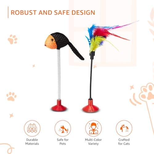 Amazon Basics Cat Toy Set | 13 Interactive Toys | Spring Mouse | Feather Stick | Fishing Rod | Rattling Bells | Playing Balls | Feather Balls | for Kittens & Cats (Multicolour) 3