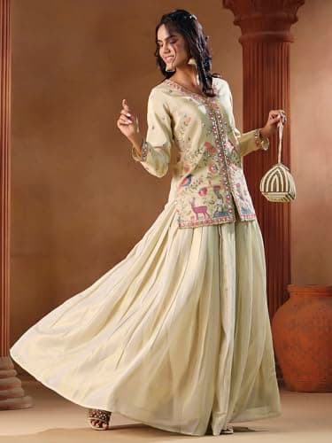 madhuram textiles Women's Shimmar Top Skirt Set for Women V-Neck Embroidered Ethnic Wear Dress(M-2558 Off White_Small) 4