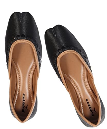 CatBird Women's Black Lace Work Ethnic Shoes Traditional Mojari Punjabi Jutti 8 UK