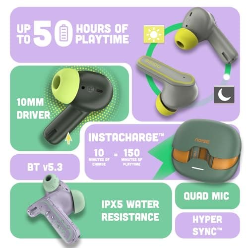 Noise Pop Buds Truly Wireless Earbuds with 50H of Playtime, Quad Mic with ENC, Instacharge(10 Min=150 Min) Bluetooth V5.3(Forest Pop) True Wireless 2