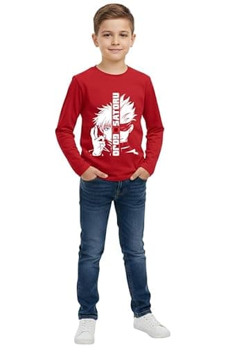 Gojo Satoru Split Face Printed Cotton Full Sleeve T-Shirt for Kids-G7 Red 4
