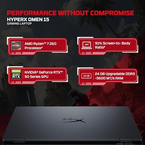 HP HyperX OMEN 15, AMD Ryzen 7 260, 8GB-RTX 5050, 24GB DDR5 (Upgradeable), 1TB SSD, 180Hz, 2.5K, 500 nits, 3ms resp time, 15.3''/38.9cm, Win11, Office24, Black, 2.42kg, gb0038AX, RGB, AI Gaming Laptop 3