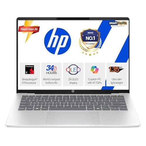 HP Smartchoice OmniBook 5 OLED (Previously Pavilion), Snapdragon X Processor 45 Tops (16GB LPDDR5x, 512GB SSD), 2K 14''/35.6cm, Win11, Office24, Silver, 1.29kg, he0014QU, Multi-Day Battery, AI Laptop