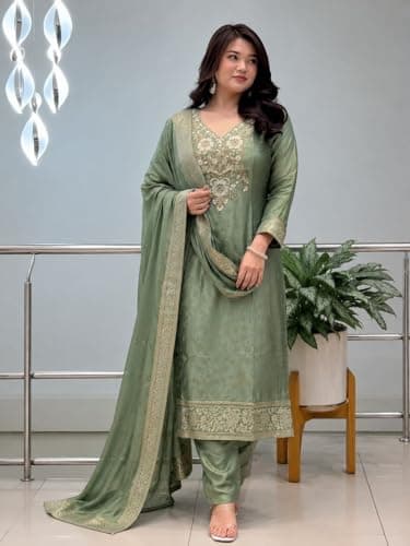 VASTRA SAILI by Women's Pure Malay Glass Tissue with Kanjivaram Handwork Nack Kurta Pent with Dupatta Suit Set. (IN, Alpha, L, Regular, Mint-Green) 2