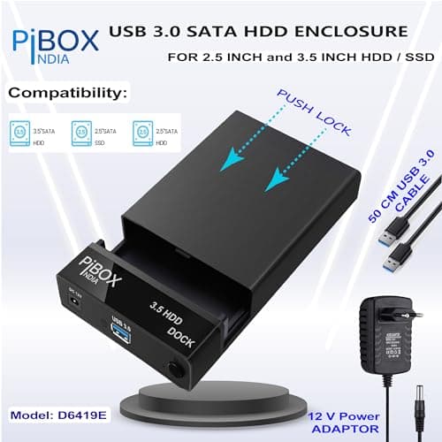 Hard Drive Enclosure, PiBOX India USB 3.0 External Hard Drive Docking Station for 3.5/2.5 Inch SATA Hard Drives/SSD with 16 TB+, Tool-Free HDD Enclosure with 12V/2A Power Supply UASP Acceleration 2
