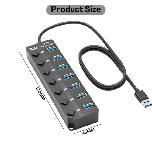 Flavizo USB 3.0 Hub 7 Port Powered Extender with Individual Switches & LED Indicators | High Speed Multiport USB Hub for Laptop, Desktop, Mac, PC, USB Devices – 1.2m Cable 2