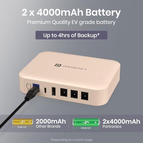 Portronics Kinectic 8K Mini UPS for WiFi Router Broadband Modem 12V Router UPS up to 2A, 5 Hours Playback, 2 x 4000mAh Battery, Type C/USB-A/DC Pin Output Ports, UPS Power Backup During Power Cuts 4