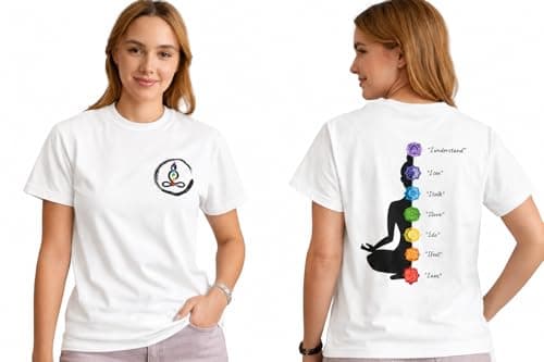 Women's Chakra Meditation T-Shirt, White Cotton Tee with Yoga Symbol and Spiritual Design (in, Alpha, L, Regular, White)