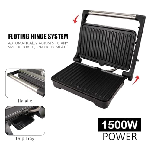iBELL SM1700G Sandwich Maker with Floating Hinges, 1500Watt, 180 Degree Openable Plates for Grill/Toast, Temperature Control Knob (Black) 3