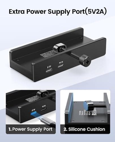 WISTAR USB Hub 3.0, Clamp USB Hub with Extra Power Supply Port, Aluminum 4-Port USB Adapter with 3 USB-A Data Ports, USB-C Port for Monitors, Desks 2
