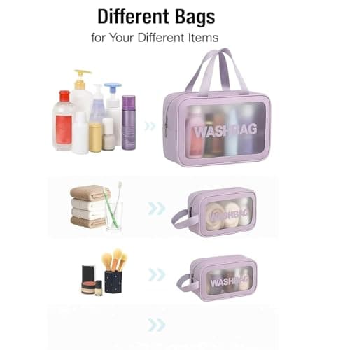 FLYNGO Clear Makeup Pouch Set, Cosmetic Organizer Bag for Women and Girls Travel Waterproof Toiletry Storage Kit (Set of 3 Purple) 2
