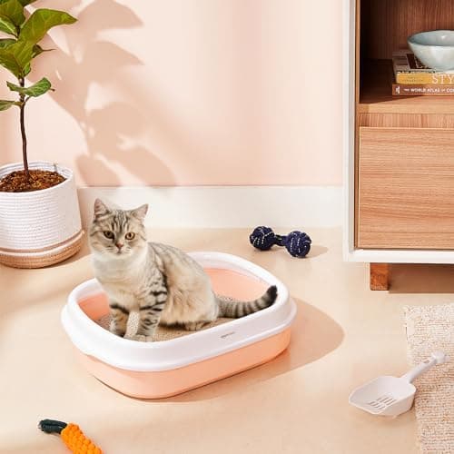 Amazon Basics Cat Litter Box Tray with Free Scooper | Semi Closed Design and Durable Quality | Suitable for All Adult Cats & Kittens, Pink 3