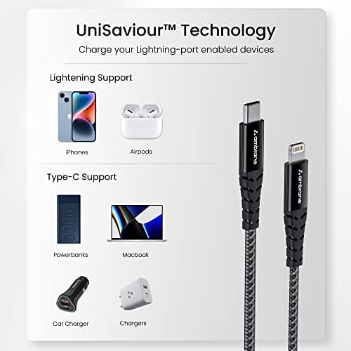 Ambrane Type-C to Lightning USB Cable, 22.5W Fast Charging, 480Mbps Data Sync Cable Compatible with iPhone, iPad, Macbook, iMac, AirPods, 1.25m (RTL-125 Black) 4