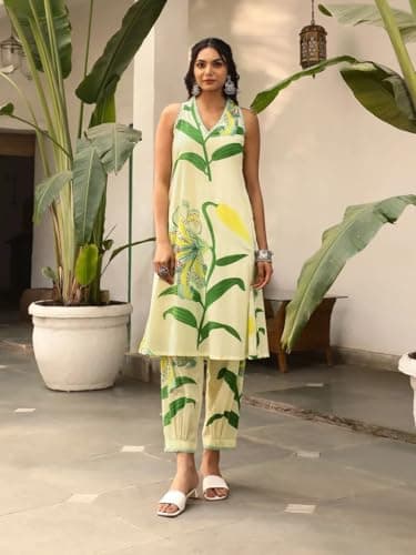 Amazon Brand - Anarva Women's Pure Cotton Sleeveless Hand Block Printed Kurta With Pant (green-leaf-l) 5