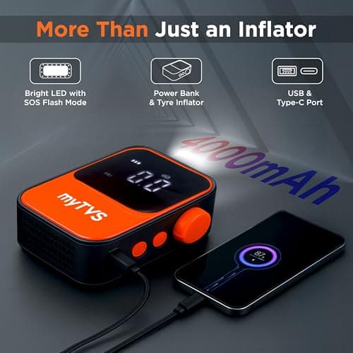 myTVS Air Go Cordless Tyre Inflator 150 PSI Digital Air Compressor, Auto Stop, Rechargeable 4000mAh Battery with Type C Port, LED Light & Power Bank, Portable Wireless Air Pump for Car & Bike | WT-1 5