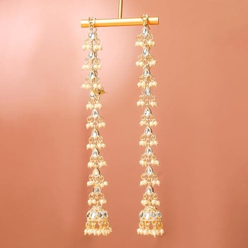 Rubans 18K Gold-Plated White Kundan & Glossy Pearl Beaded Long Jhumka Earring Extension for Women – Ideal for Bridal & Festive Styling 3