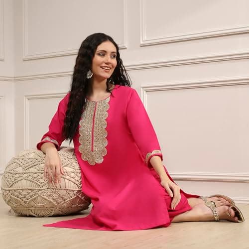 Biba Women Fuchsia Cotton Straight Solid Kurta_34 2