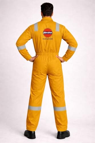 Indian Oil Work Coverall Dungaree, Two Way Zipper, Beige with Reflective Tape, Full Body Protection Workwear (XXL) 2
