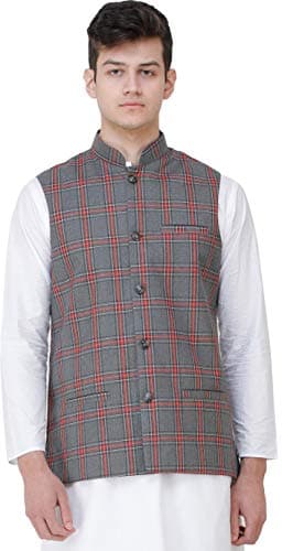 Exotic India Waistcoat with Double Check Pattern and Front Pockets - Color ExcaliburGarment Size 36