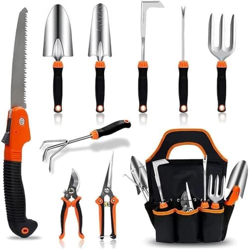 HASTHIP® 10Pcs Gardening Tools Set - Heavy Duty Stainless Steel - Gardening Tools Kit for Home Garden - Plant Cutter for Home Garden - Manual Planting Tools with Tool Bag - Suitable for Patio & Lawn