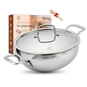 Omichef Triply Stainless Steel Kadai/Kadhai with Lid, 30 cm (6 Litre), Induction Bottom Tri-Ply Cookware, ISI Certified Food Grade Steel, Heavy Duty Cooking Pot, 5 Years Warranty