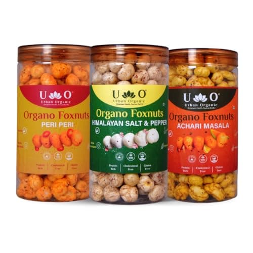 Urban Organic Organo Foxnuts COMBO of 3 Roasted and Flavoured Makhana | Healthy Snack | Namkeen Snacks | Puff Nuts | Gluten Free | Cholesterol Free | Protein Rich | Fiber Rich | With Calcium & Magnesi