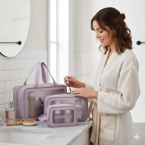 FLYNGO Clear Makeup Pouch Set, Cosmetic Organizer Bag for Women and Girls Travel Waterproof Toiletry Storage Kit (Set of 3 Purple) 3